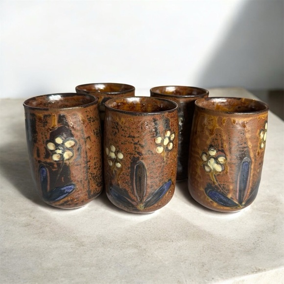Vintage Hand Crafted set of 5 redware Glasses Hand Painted Floral Design - Picture 5 of 5